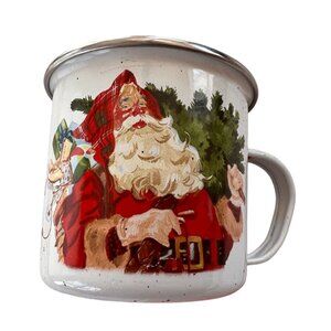 VTG Hallmark Santa Claus Enamel Mugs Set of 2 WHT RED GRN Festive Jolly Holiday